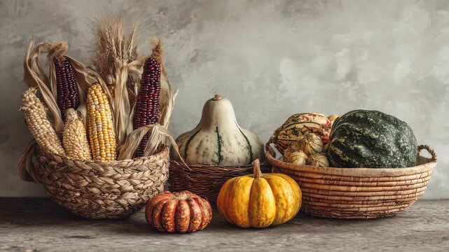 Assorted autumn pumpkins and colorful corn cobs arranged in rustic wicker baskets on a wooden table. Harvest vegetables and grains create a cozy seasonal still life composition