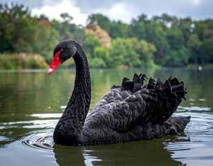 Fototapeta premium A black swan swims on a serene lake with lush greenery