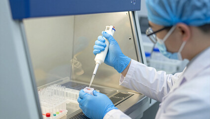 Scientist Performing Precise Sample Preparation in Biosafety Cabinet