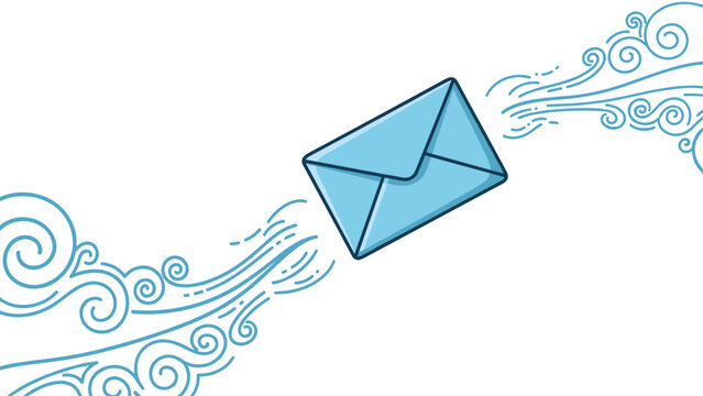 Blue envelope floating through the air with stylized wind swirls representing fast mail delivery or communication concept.