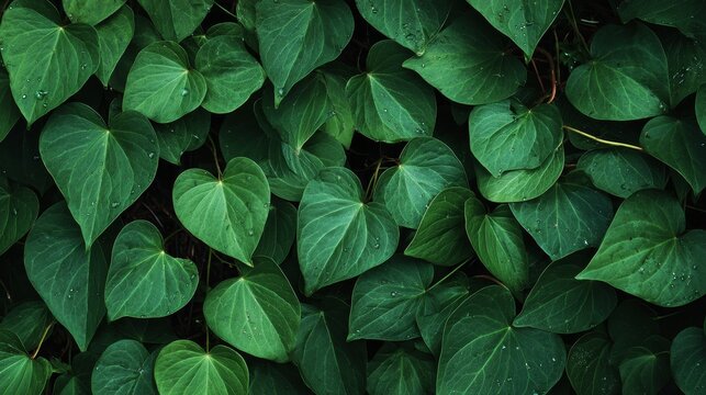 Dense Houttuynia cordata leaves with heart-shaped vibrant green foliage, subtle dew drops, natural texture, fresh and clean botanical background for skincare and wellness visuals.