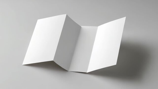 Blank tri fold brochure mockup lying on a light gray background, showcasing clean and minimalistic design. Perfect for branding, marketing presentations, and creative advertising projects