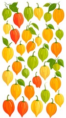 A vibrant digital illustration featuring numerous colorful fruits, primarily orange, yellow, and green, with some attached leaves