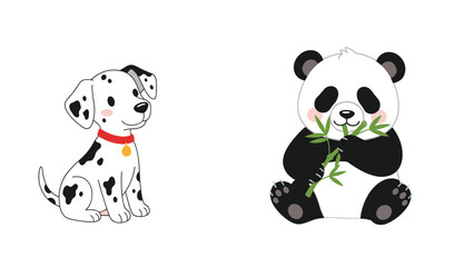 Naklejka premium Small spotted Dalmatian puppy sitting next to a large panda eating bamboo stalks against a clean and simple white background.