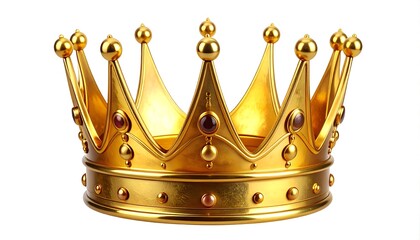 A gleaming golden crown adorned with jewels and set against white