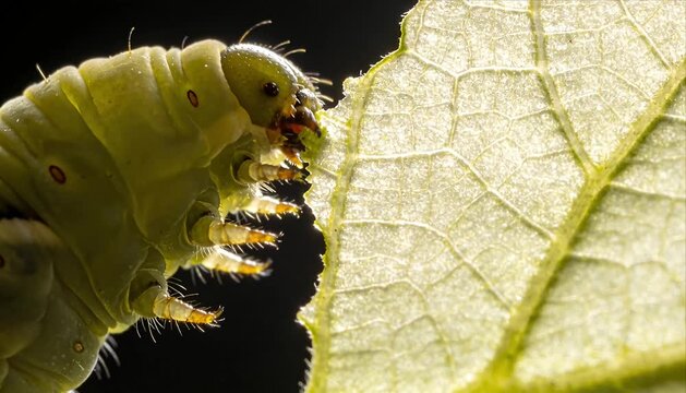 Macro caterpillar bug life extreme closeup green insect eating leaf nature detail texture backlight garden wildlife plant hungry focus mouthpart jaw edge glow natural environment