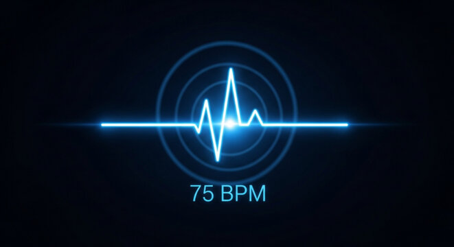 Neon blue heart rate monitor display with 75 bpm on dark background pulse and rhythm concept
