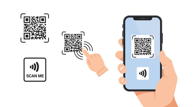 Hand holding smartphone with QR code displayed.