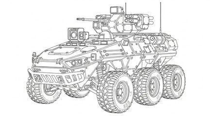 Detailed sketch of a modern armored military vehicle with six wheels. © Ceng