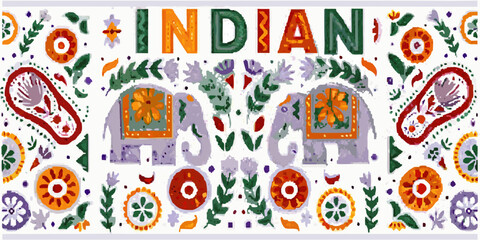 Colorful indian textile art featuring elephants and floral patterns © gita