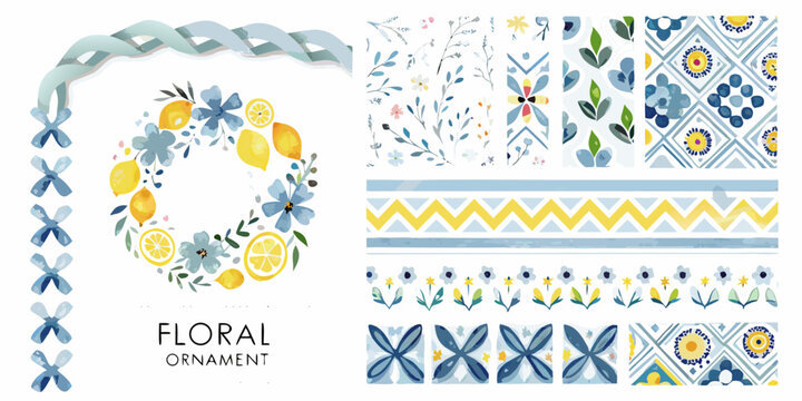 Watercolor floral arrangement with lemons leaves and decorative borders