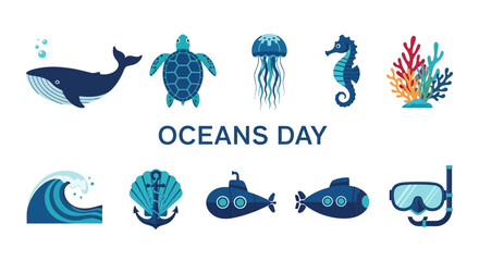 Illustration featuring ocean life diving gear text OCEANS DAY and two submarines © Agung