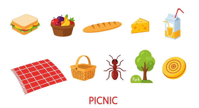 Topdown isometric illustration of various items associated with a picnic including food basket blanket ant tree and frisbee