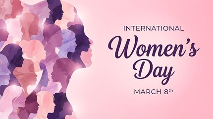 Obraz premium International women's day graphic with silhouette heads and pink background celebrating woman's day on March eighth showing unity diversity and empowerment