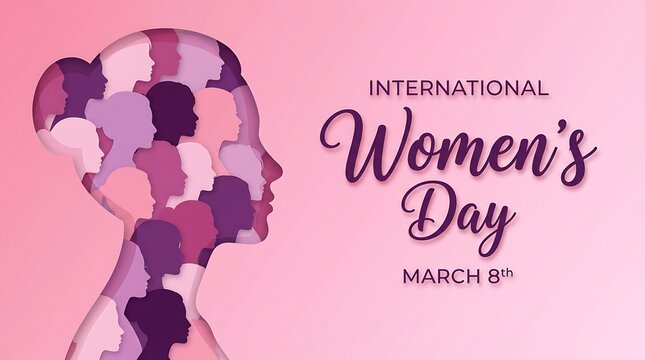 International women's day with abstract female silhouettes in profile inside head shape, pink gradient background, festive typography, March 8th celebration