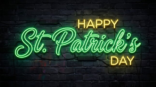 Happy St Patrick's day neon sign glowing green and yellow text on brick wall background for celebration