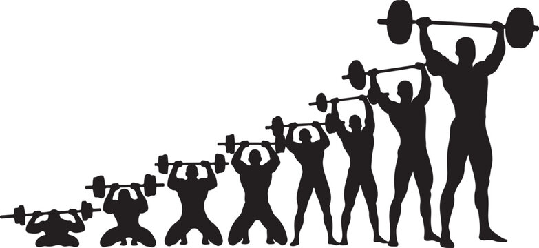 Silhouette of people lifting weights in progression series