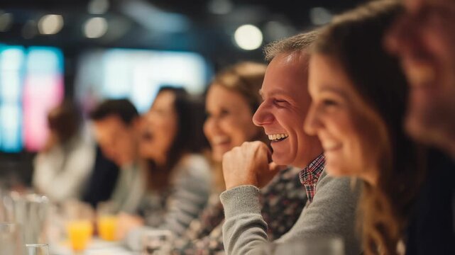 A group of people enjoying a lively conversation and laughter at a social event in a modern indoor setting. Warm lighting creates a friendly and inviting atmosphere