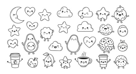 Obraz premium Whimsical Cartoon Characters and Symbols in a Dreamy Illustration Set
