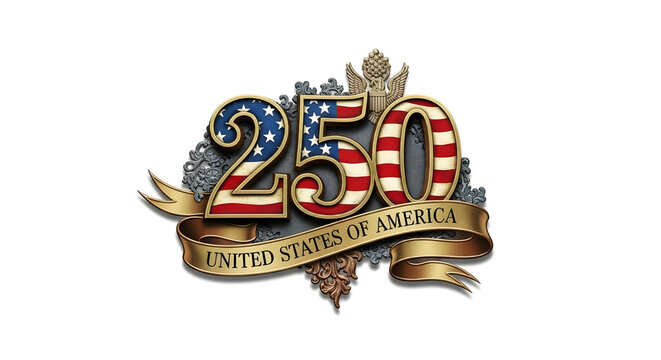 250th anniversary of the united states of america commemorative emblem with flag pattern and banner