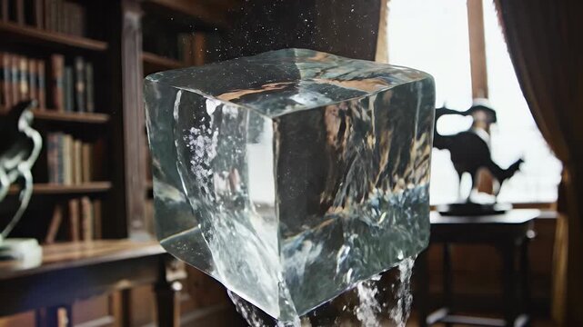 Clear ice cube floating in library interior
