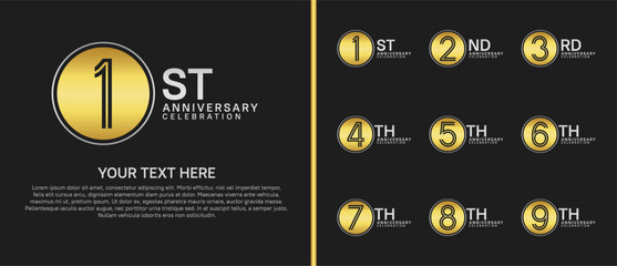 anniversary logo set with circle. gold and silver color on black background for celebration moment