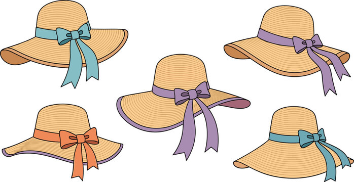 Elegant Straw Sun Hat Set for Women Featuring Wide Brims and Colorful Decorative Ribbons with Bows for Summer Fashion Design