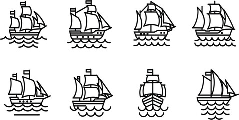 Antique Sailing Ship Icon Set Featuring Black and White Outlines of Galleons Caravels and Schooners on Ocean Waves Vector © Mukta  Creative