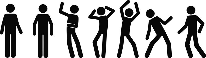Collection of black stick figure icons showing various dance moves, celebration poses, and active body language isolated on white background. © jesmin