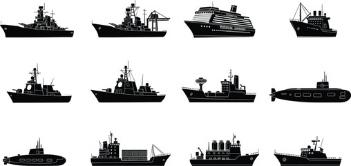 Collection of modern ship silhouettes, naval warship icons, cargo vessel outlines, submarine graphics, cruise liner set, and industrial maritime transport vector elements. © jesmin