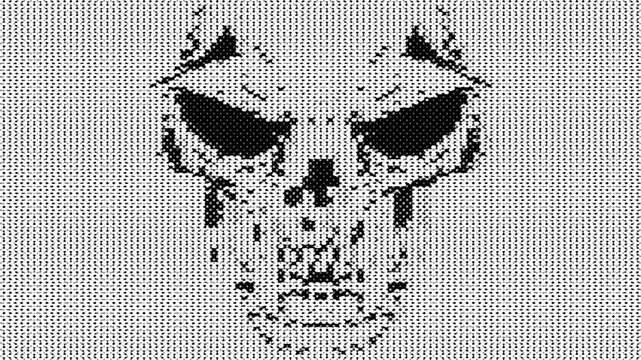 Pixelated human skull symbol animation with distortions and glitch effects
