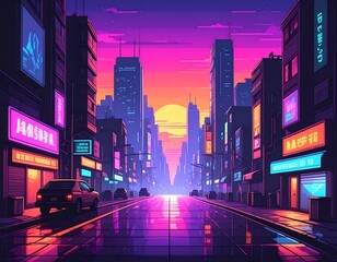 A vibrant digital illustration of a neon-lit cityscape at dusk, showcasing buildings and a reflective street