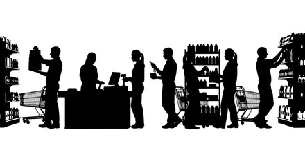Silhouetted shoppers browsing and purchasing goods in a modern retail store environment from a horizontal viewpoint