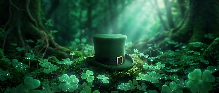 Green leprechaun hat sitting on moss covered ground in mystical forest with four leaf clovers and soft sunlight rays background Irish traditional saint Patrick's day holiday concept