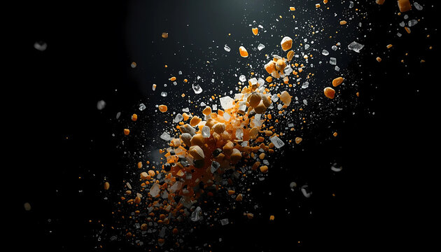 A dramatic explosion of salt and pepper on a black background