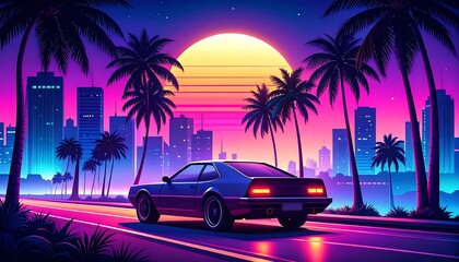 A vibrant digital illustration of a retro car cruising on a coastal road with palm trees at sunset in a neon-soaked cityscape