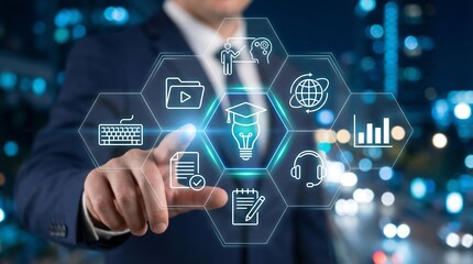 Fototapeta premium A business person's hand touches a glowing hexagonal grid of various educational and tech icons, set against a blurred city lights background.