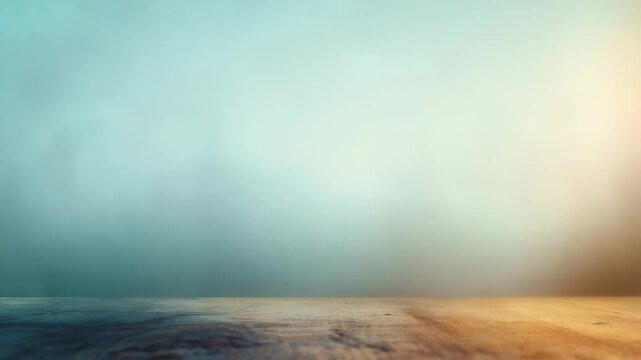 Empty wooden table with soft sunlight and blurred blue background, perfect for product display or design mockup. Natural light creates a calm, inviting atmosphere for creative projects