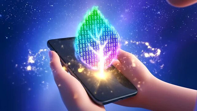 Financial wellness apps drive digital growth, showing abstract binary data trees glowing from smartphones in a cosmic background.