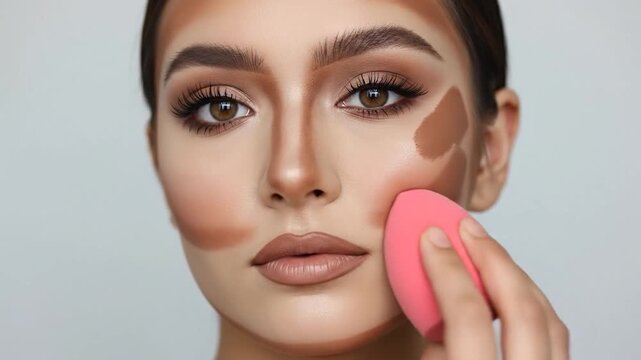 Young woman applying contouring makeup with a pink sponge on her face, close-up beauty shot in bright studio.