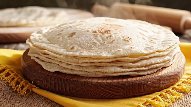 Stack of freshly made flatbreads resting on wooden board