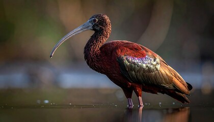 A glossy ibis stands in water, its iridescent plumage on display