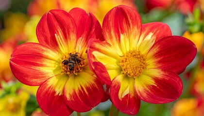 A close-up photo of two vibrant red and yellow flowers
