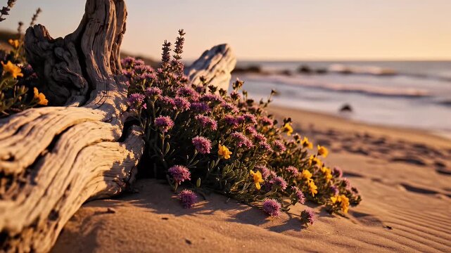 Driftwood and flowers on a sandy beach at sunset