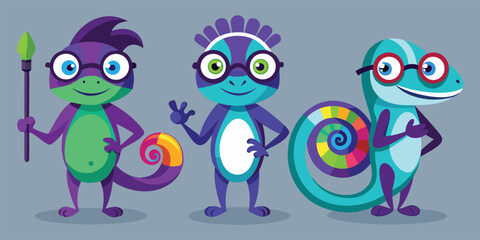 Colorful chameleons with glasses and creative accessories
