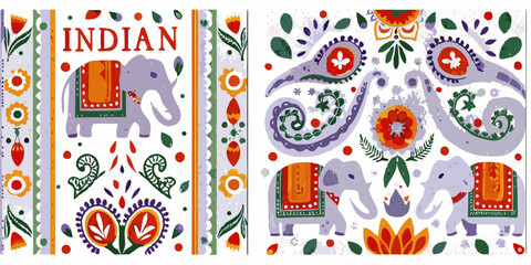 Naklejka premium Colorful indian patterns featuring elephants flowers and paisley designs