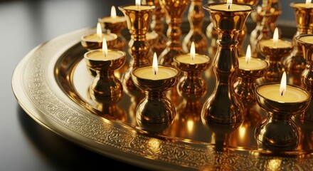 Fototapeta premium Golden Candles on Decorative Tray with Soft Lighting.
