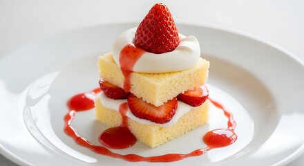 A stack of layered cake, strawberries, and cream on a white plate viewed from the side.