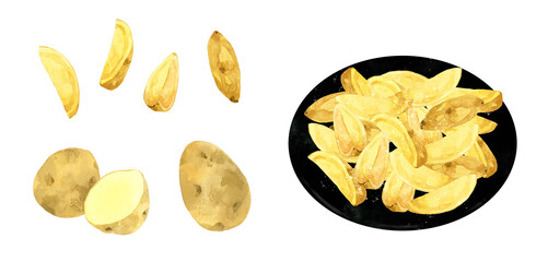 ナチュラルカットの皮付きフライドポテトとじゃがいものセット　料理・食べ物の手描き水彩イラスト素材