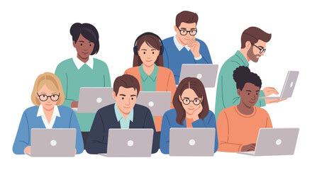 Diverse group of people working on laptops in an office or classroom setting.